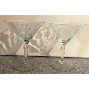 2 Vintage Etched Glass With Flowers Cocktail Glasses MCM 5 inch Tall  #1933